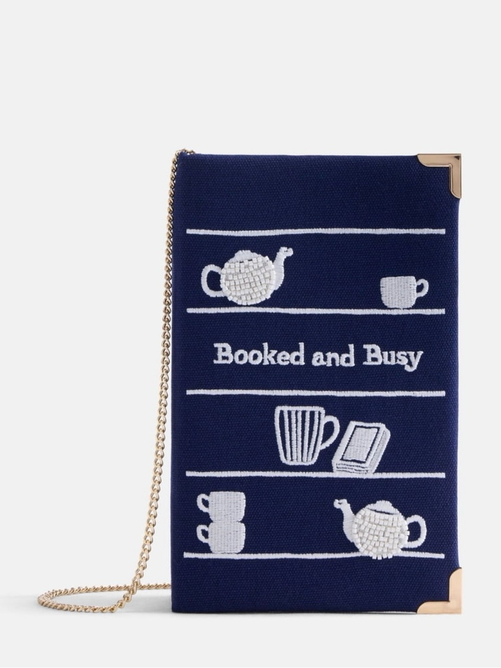 * Navy 'Booked and Busy' Embroidered Hardsided Crossbody Bag